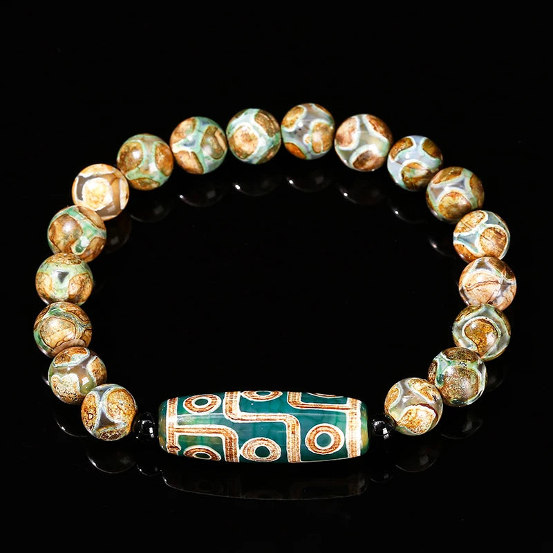 Pulseira Tibetana Premium JD com Ágata Dzi de Nove Olhos Verde Natural