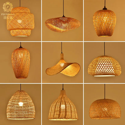 Luminária Pendente Premium em Bambu e Rattan Trançada à Mão