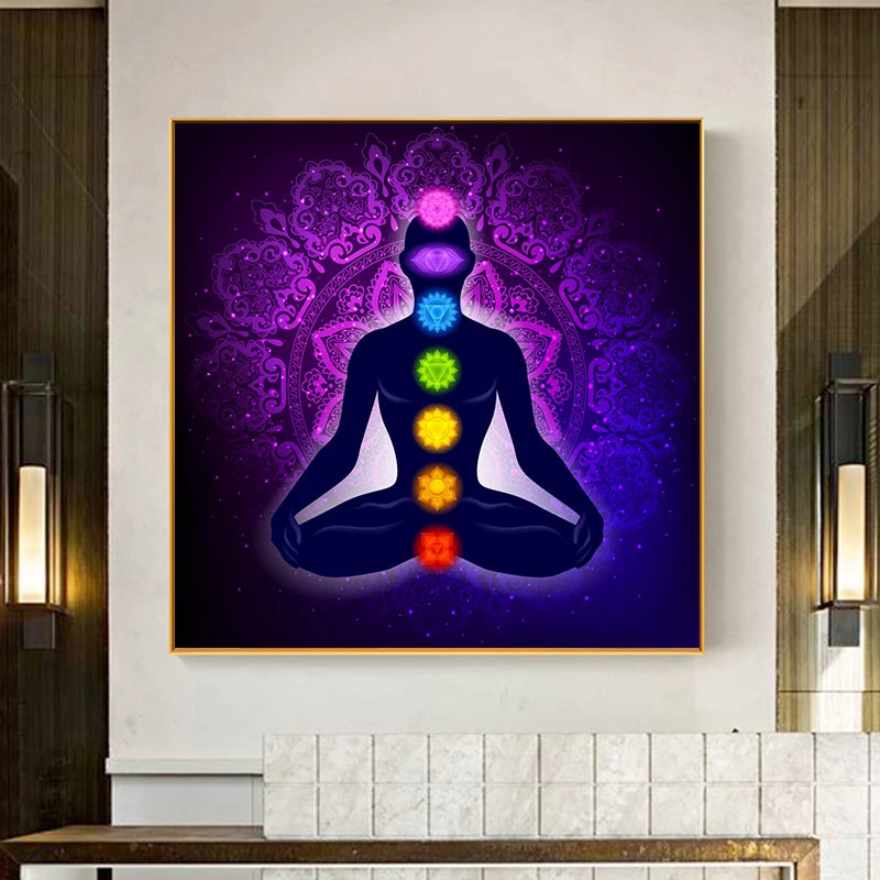 Quadro Premium Buda Indiano em Meditação com os 7 Chakras